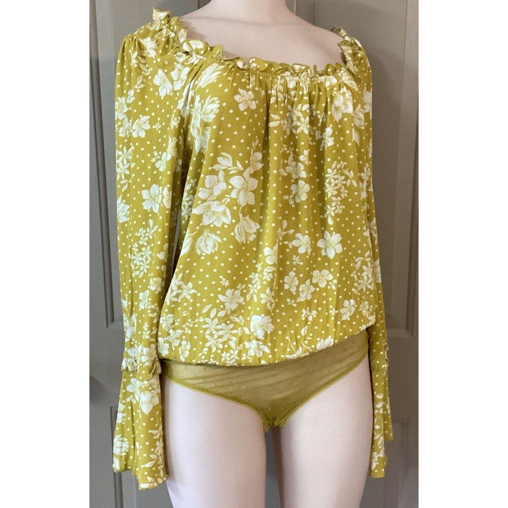 Free People Bodysuit One On One Date  Marigold Combo Top Bell Sleeve Small